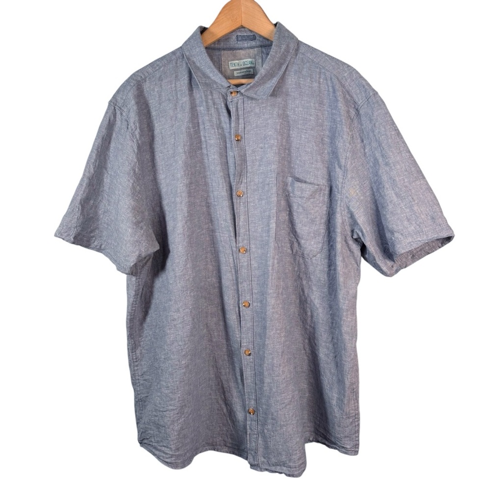 Tenth & Ocean Washable Linen Blend Blue Chambray Short Sleeve Shirt Mens XXL
